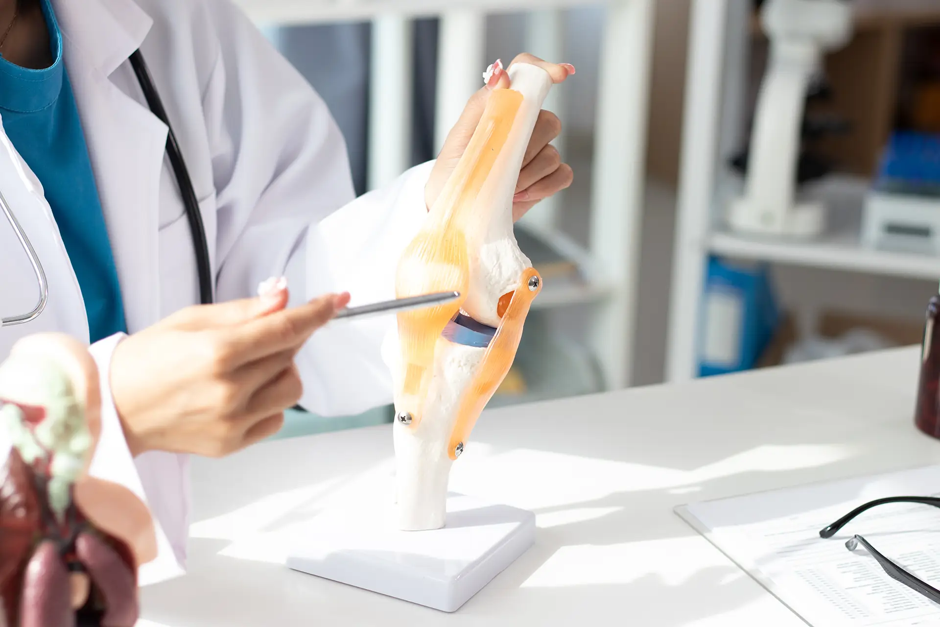 Doctor uses knee joint model to show anatomy Diagnose conditions such as osteoarthritis and treat them